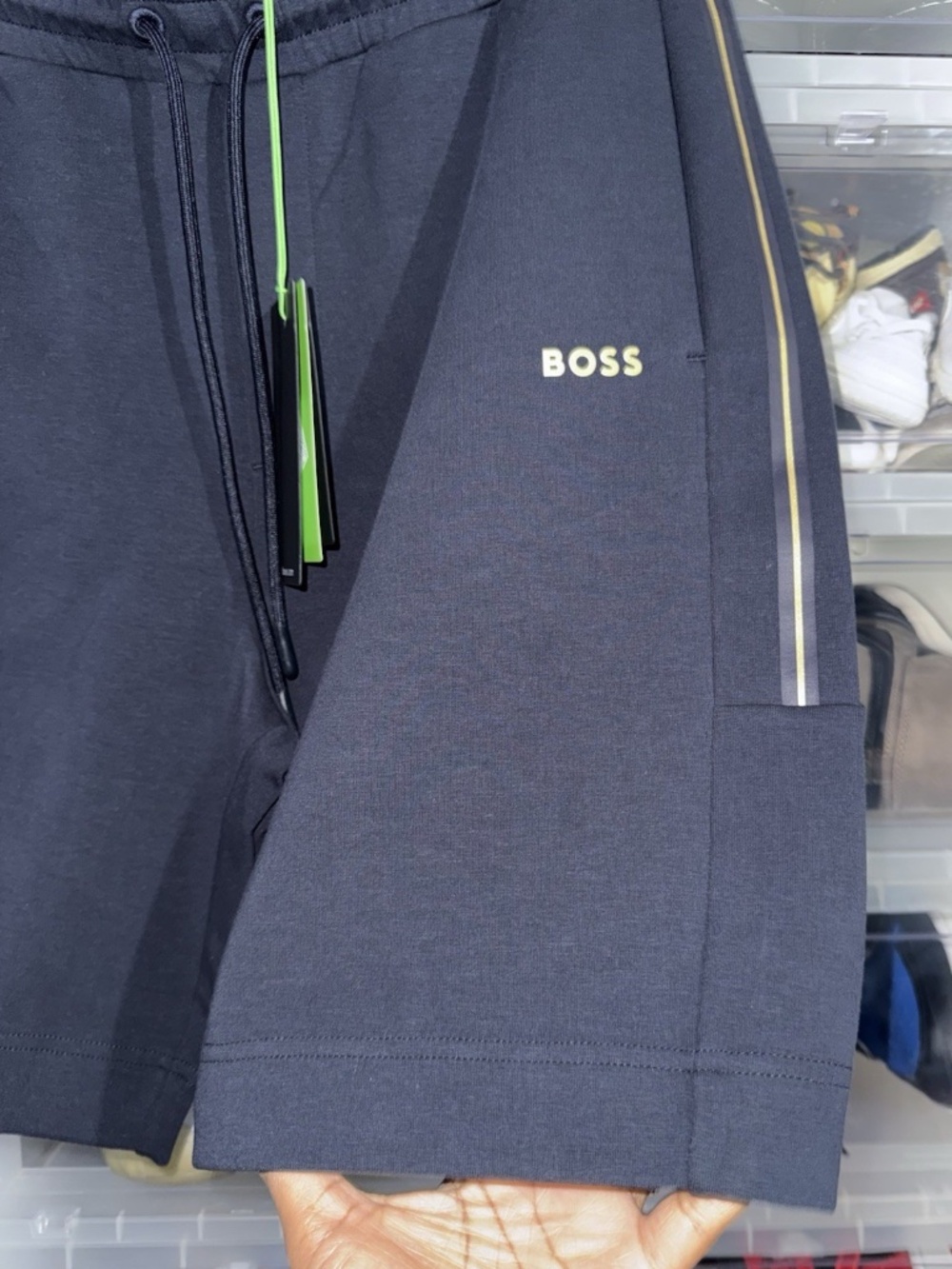 BOSS Men's Jersey Athletic Shorts Blue Gold Logo Drawstring Pockets Size L
